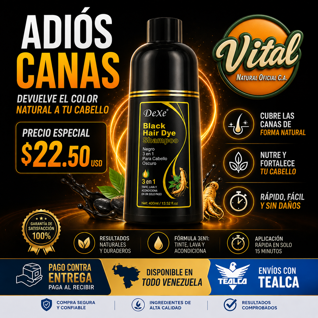 DEXE Black Hair Dye Shampoo Cubre Canas 3 en 1